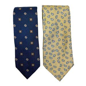 Brooks Brothers Silk Ties Lot of 2 Navy Blue Yellow Geometric Paisley